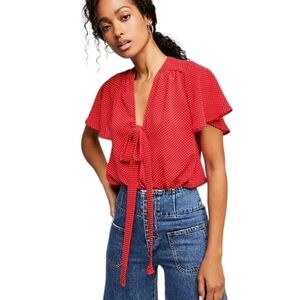 Free People Uptown Girl Bodysuit red and white polkadot lace Small T2
